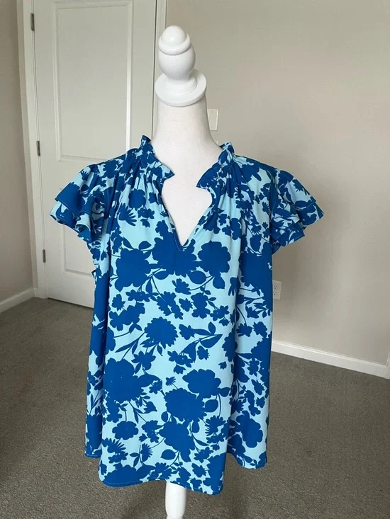 NWT Sugarlips Blue Floral Ruffle-Sleeve Women's Top Size 2X - Picture 9 of 9